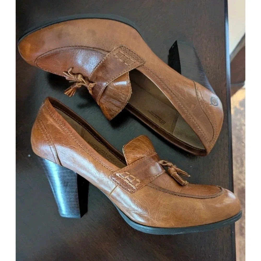 Born Nance 9.5‎ Women's Cognac Brown Penny loafer Tassled Heel Leather Western